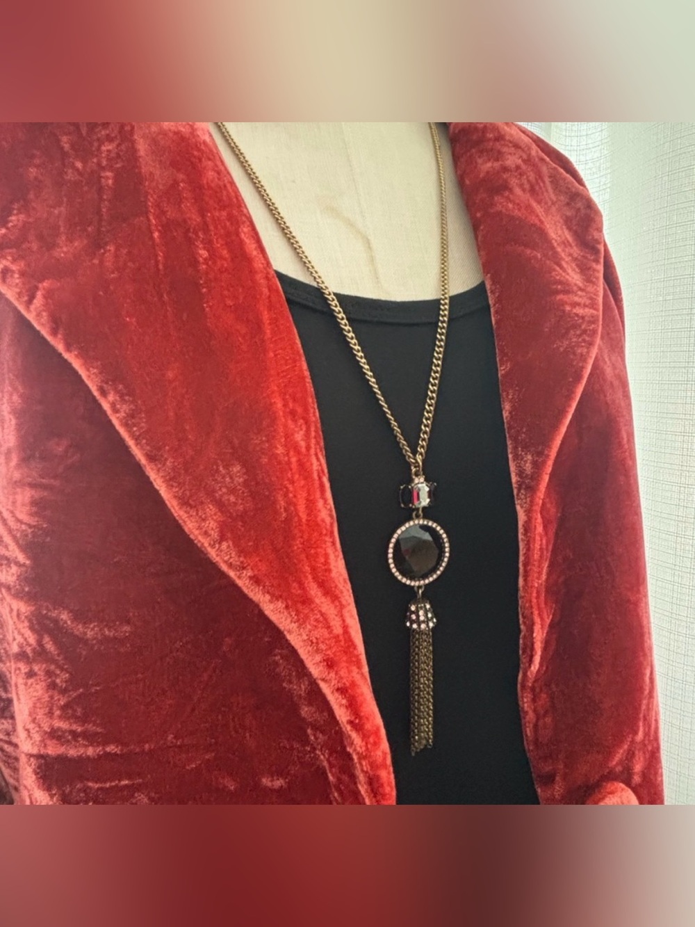 J. Crew Elegant Antique Gold and Black Tassel Necklace.
Missing 1 Rhinestone